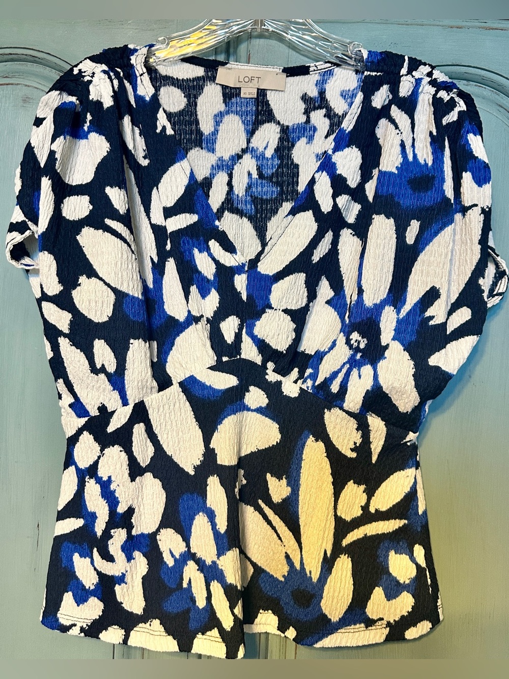 LOFT Navy Blue Yellow White Abstract Floral V-Neck Top